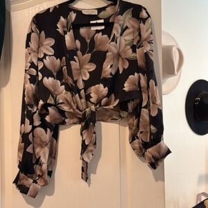 Buckle Floral Tie-Front Blouse - Black and Brown